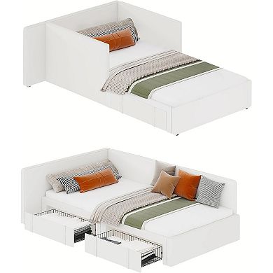 Daybed with 2 Storage Drawers, Corner Bed Frame with Extended Headboard and Bed Rails
