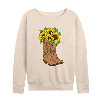 Women's Cowgirl Boots With Sunflowers French Terry Long Sleeve Tee