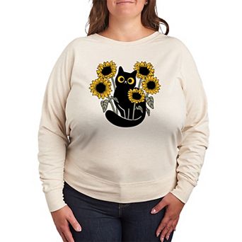 Plus Size Black Cat & Sunflowers French Terry Long Sleeve Tee