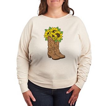 Plus Size Cowgirl Boots With Sunflowers French Terry Long Sleeve Tee