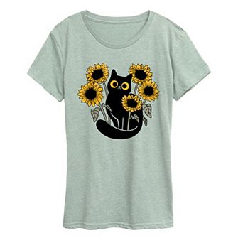 Women's Black Cat & Sunflowers Graphic Tee