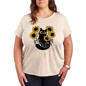 Plus Size Black Cat & Sunflowers Graphic Tee