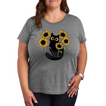 Plus Size Black Cat & Sunflowers Graphic Tee