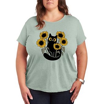 Plus Size Black Cat & Sunflowers Graphic Tee
