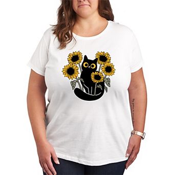 Plus Size Black Cat & Sunflowers Graphic Tee