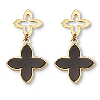 Genuine Black Onyx Gold Ion-Plated Stainless Steel Clover Earrings