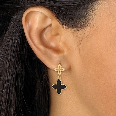 Genuine Black Onyx Gold Ion-Plated Stainless Steel Clover Earrings