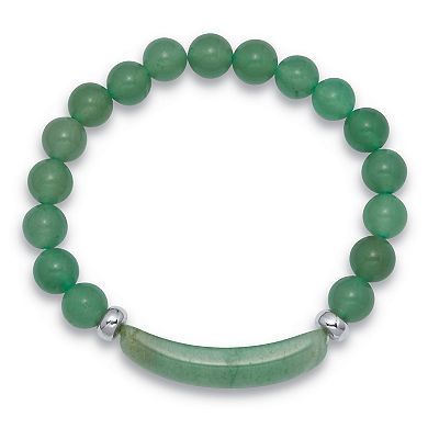 Genuine Green Aventurine Silvertone Beaded Stretch Bracelet 7-inch Length