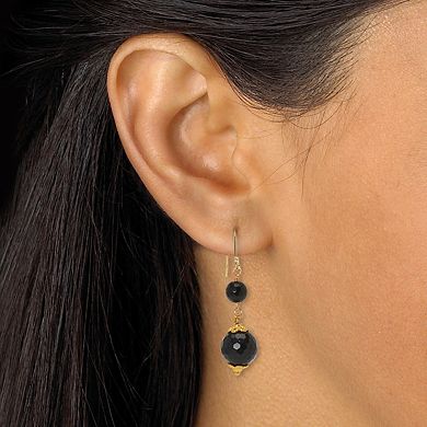 Round Genuine Black Onyx Goldtone Drop Earrings 1 Inch