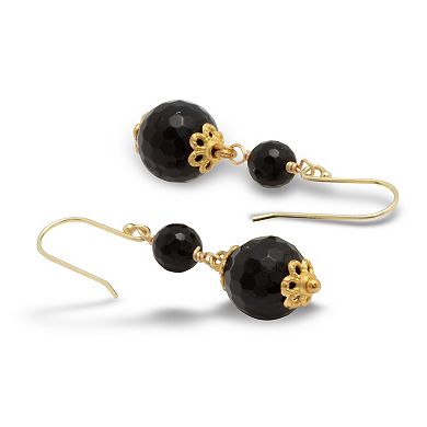 Round Genuine Black Onyx Goldtone Drop Earrings 1 Inch