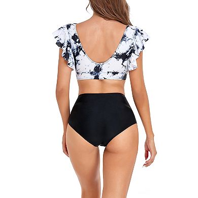 Women Deep V High Waist with Flounce Ruffles Two Piece Swimsuit Sets
