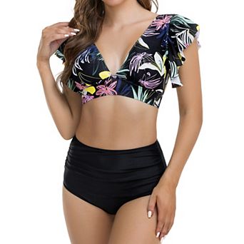 Women Deep V High Waist with Flounce Ruffles Two Piece Swimsuit Sets