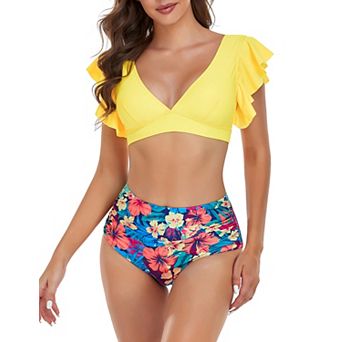Women Deep V High Waist with Flounce Ruffles Two Piece Swimsuit Sets