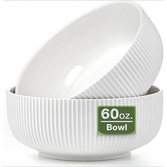 Great Ambitions 2-Pack 8" White Ceramic Salad Bowls, 60oz, Microwave & Dishwasher Safe
