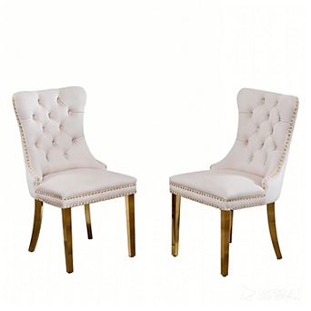 Set of 2 Modern Velvet Tufted Dining Chairs with Nailhead Trim & Chrome Legs