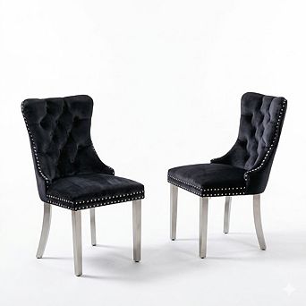 Set of 2 Modern Velvet Tufted Dining Chairs with Nailhead Trim & Chrome Legs