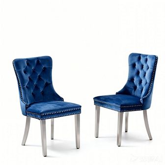 Set of 2 Modern Velvet Tufted Dining Chairs with Nailhead Trim & Chrome Legs