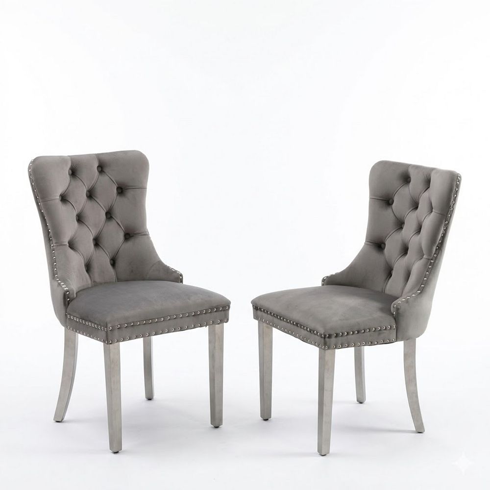 Set of 2 Modern Velvet Tufted Dining Chairs with Nailhead Trim & Chrome ...