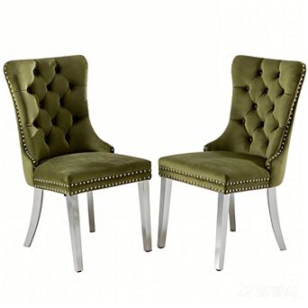 Set of 2 Modern Velvet Tufted Dining Chairs with Nailhead Trim & Chrome Legs