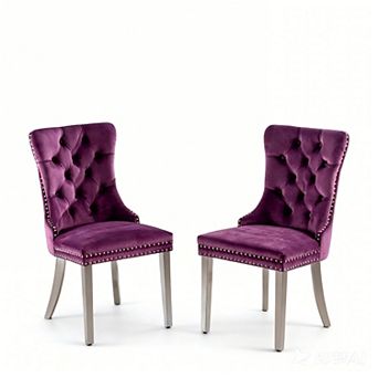 Set of 2 Modern Velvet Tufted Dining Chairs with Nailhead Trim & Chrome Legs