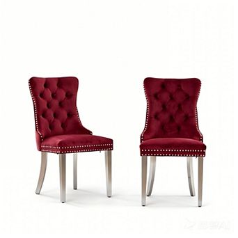 Set of 2 Modern Velvet Tufted Dining Chairs with Nailhead Trim & Chrome Legs