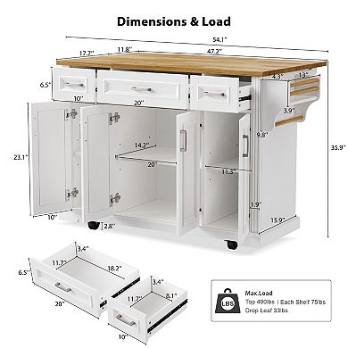 54" Rolling Kitchen Island w/ Rubber Wood Drop Leaf, 4 Doors & 3 Drawers
