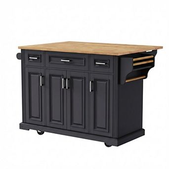 54" Rolling Kitchen Island w/ Rubber Wood Drop Leaf, 4 Doors & 3 Drawers