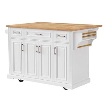 54" Rolling Kitchen Island w/ Rubber Wood Drop Leaf, 4 Doors & 3 Drawers