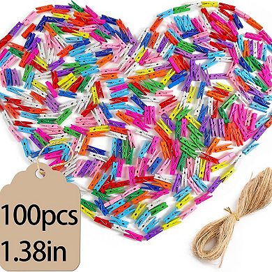 Mini Wooden Clothespins 100 Pack Colorful Photo Clips with Jute Twine