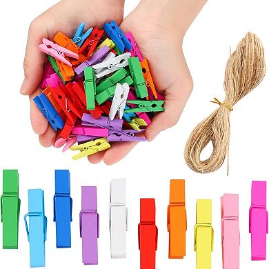 Mini Wooden Clothespins 100 Pack Colorful Photo Clips with Jute Twine