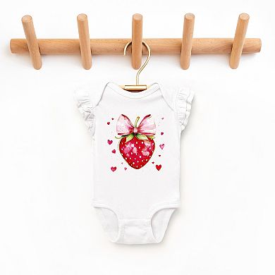 Coquette Strawberry Hearts Watercolor - Baby Flutter Sleeve Bodysuit