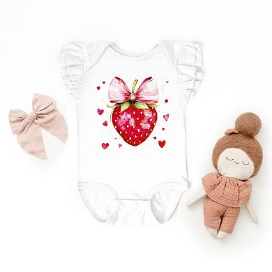 Coquette Strawberry Hearts Watercolor - Baby Flutter Sleeve Bodysuit