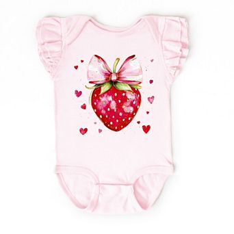 Coquette Strawberry Hearts Watercolor - Baby Flutter Sleeve Bodysuit
