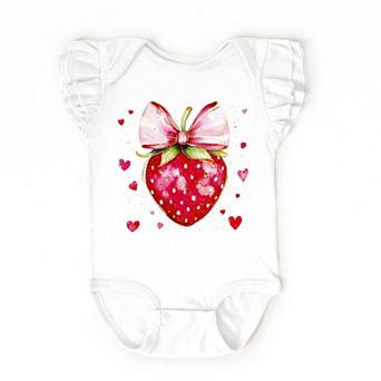 Coquette Strawberry Hearts Watercolor - Baby Flutter Sleeve Bodysuit