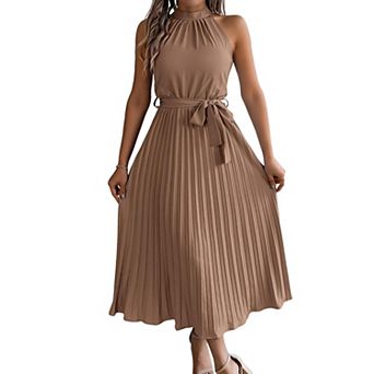 Women's Halter Neck Pleated Midi Dress Sleeveless A Line Flowy Beach Sundress with Belt