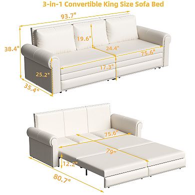 Merax 3in1 Convertible Faux Leather Sleeper Sofa Bed, Retro Rivet Roll Arm Sofa Bed