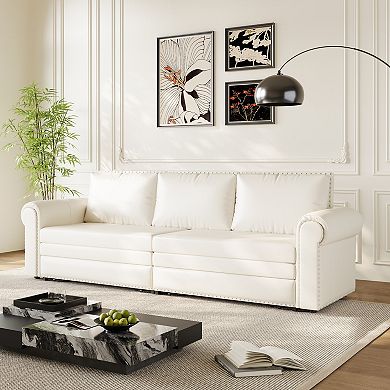 Merax 3in1 Convertible Faux Leather Sleeper Sofa Bed, Retro Rivet Roll Arm Sofa Bed