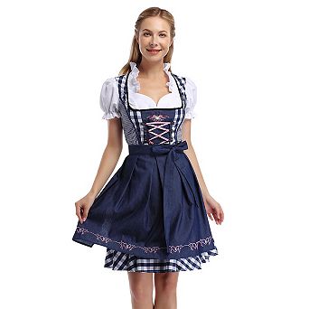 3 pc Oktoberfest Womens Outfit Traditional Bavarian Dirndl Dress and White Blouse and Blue Apron
