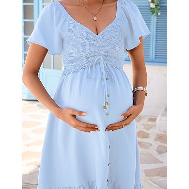 Maternity Midi Dress V Neck Drawstring Dress for Women