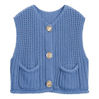 Women's Sleeveless Cropped Knit Cardigan Casual Button Down Crochet Sweater Vest Tops with Pockets