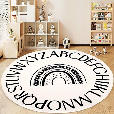 Rainbow Alphabet Round Rug Kids Educational Play Mat Non-Slip Soft Circle Carpet for Classroom