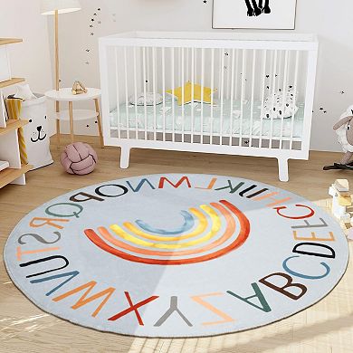 Rainbow Alphabet Round Rug Kids Educational Play Mat Non-Slip Soft Circle Carpet for Classroom