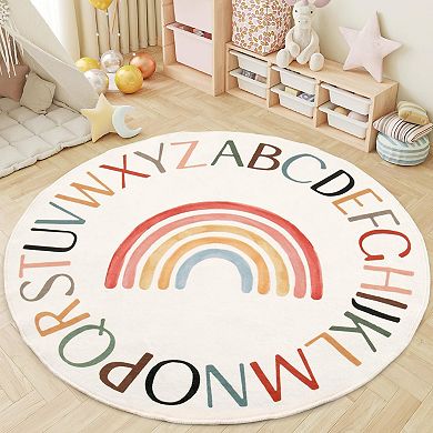 Rainbow Alphabet Round Rug Kids Educational Play Mat Non-Slip Soft Circle Carpet for Classroom