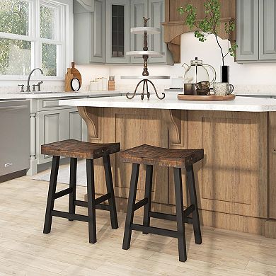 Costway Bar Stool Counter Height Solid Wood Curved Saddle Seat Footrest
