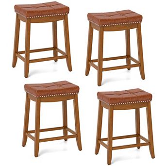 Costway Saddle Bar Stools with PU Leather Seat Solid Rubber Wood Frame Footrest