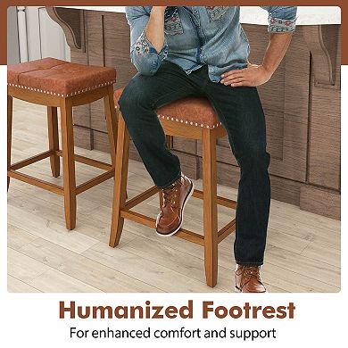 Costway Saddle Bar Stools with PU Leather Seat Solid Rubber Wood Frame Footrest