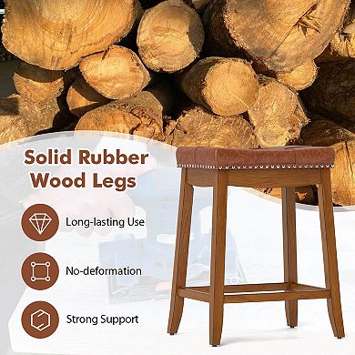 Costway Saddle Bar Stools with PU Leather Seat Solid Rubber Wood Frame Footrest