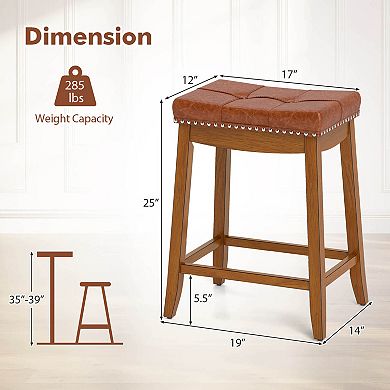 Costway Saddle Bar Stools with PU Leather Seat Solid Rubber Wood Frame Footrest