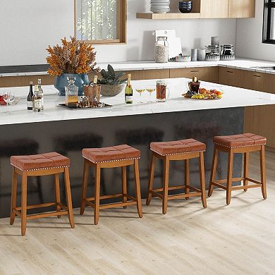 Costway Saddle Bar Stools with PU Leather Seat Solid Rubber Wood Frame Footrest