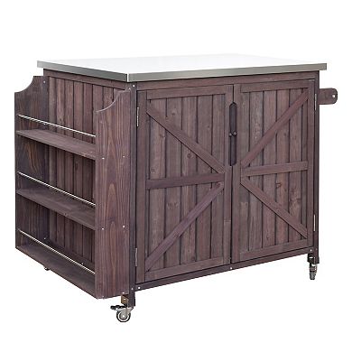 Outdoor Kitchen Island Cart with Stainless Steel Top, Storage Cabinet & Side Shelf